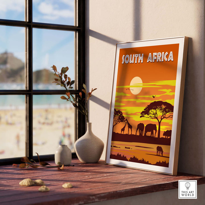 South Africa vintage travel poster showcasing elephants and sunset, perfect for home or office decor.