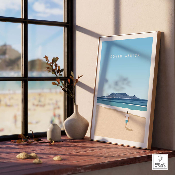 South Africa travel poster print featuring a serene beach scene with a minimalist design, perfect for home decor.