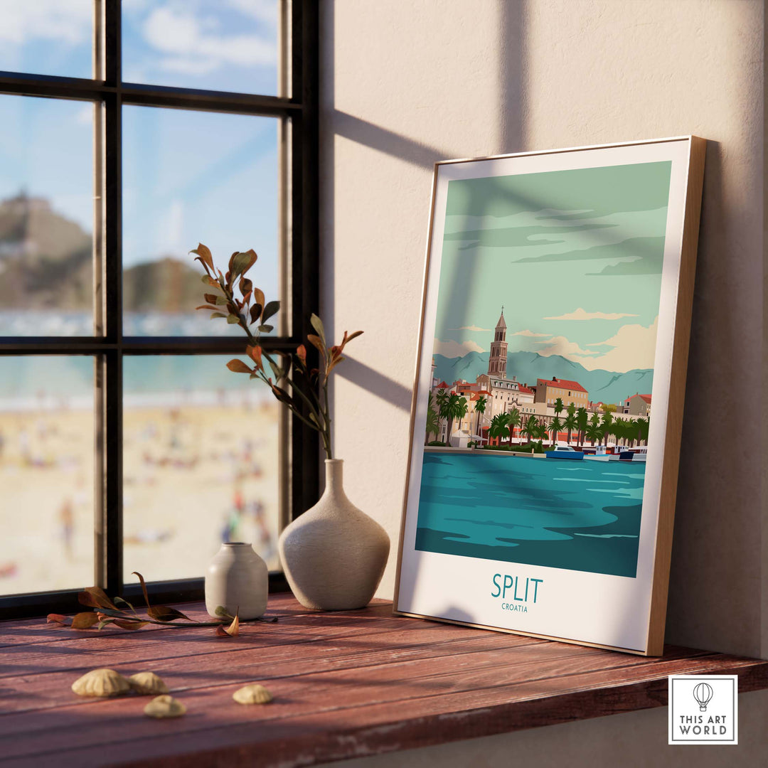 Split Croatia poster print displayed indoors, showcasing a vibrant travel-inspired artwork in a stylish setting.