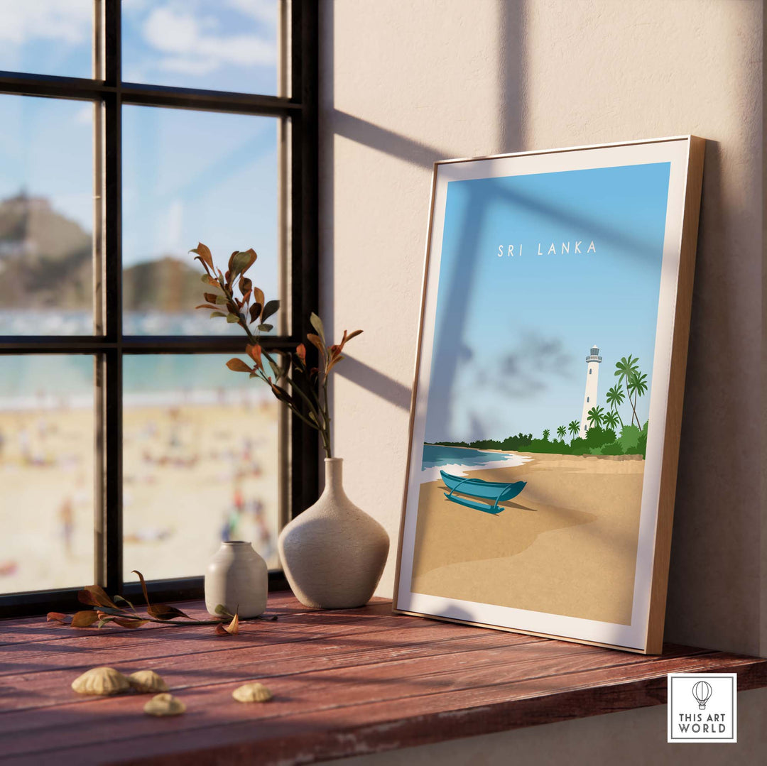Sri Lanka travel poster print in a framed minimalist design, featuring a beach scene with a lighthouse and palm trees.