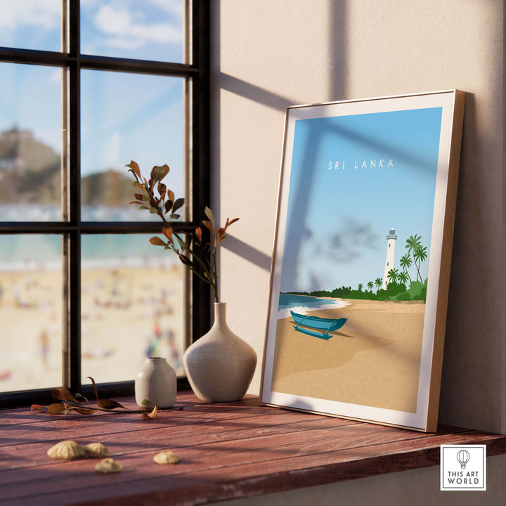 Sri Lanka travel poster print in a framed minimalist design, featuring a beach scene with a lighthouse and palm trees.