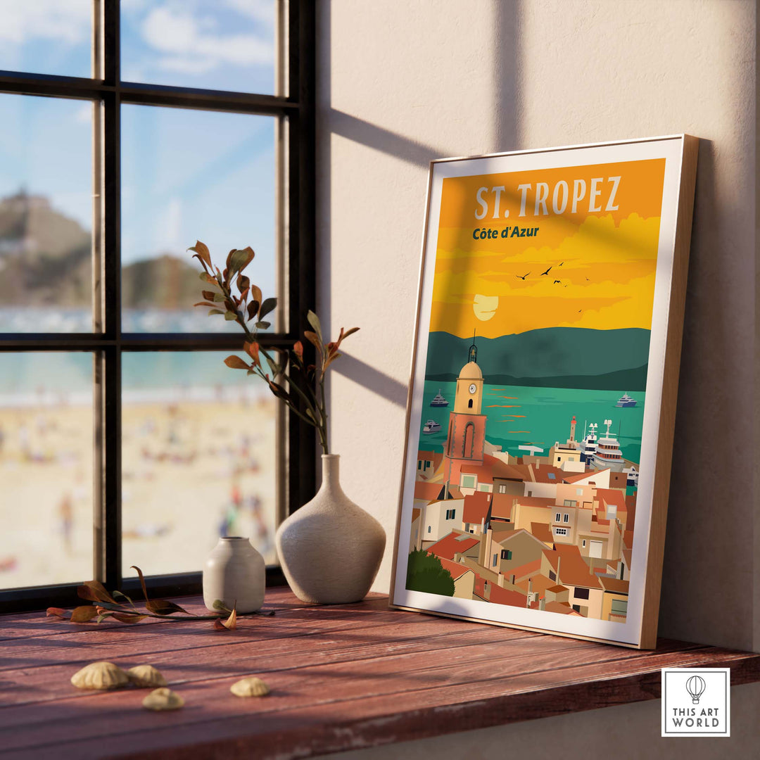 St Tropez France Print Poster Wall Art showcasing vibrant coastal scenery and a vintage aesthetic.