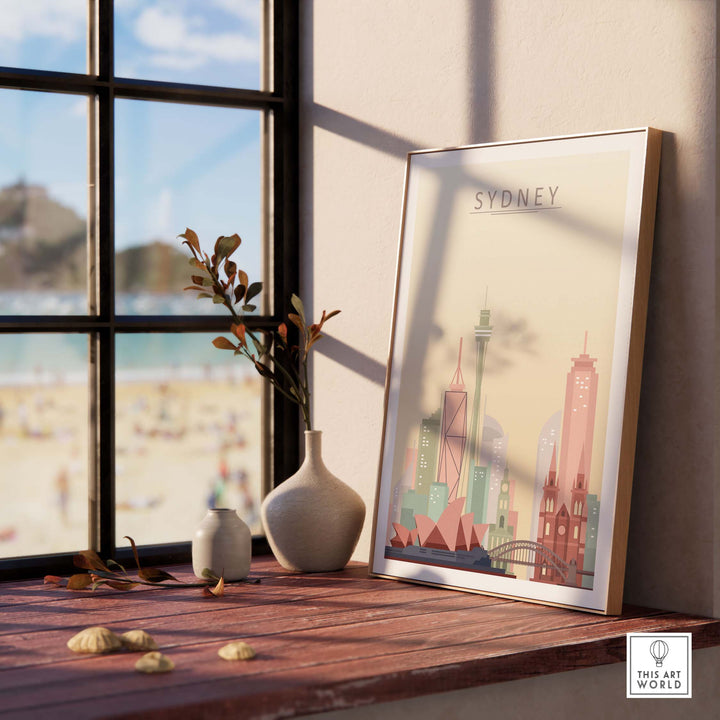 Sydney City Skyline print displayed in a bright room, showcasing iconic landmarks in soft pastel colors.
