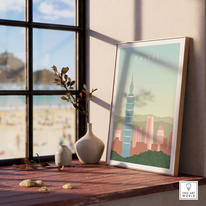 Taipei Poster Taiwan Print displayed on a wooden table by a window, showcasing vintage travel art and city skyline.