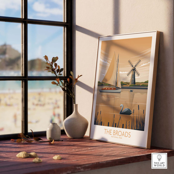The Broads National Park art print showcasing sailboats and a windmill by the beach, framed decor for nature lovers.