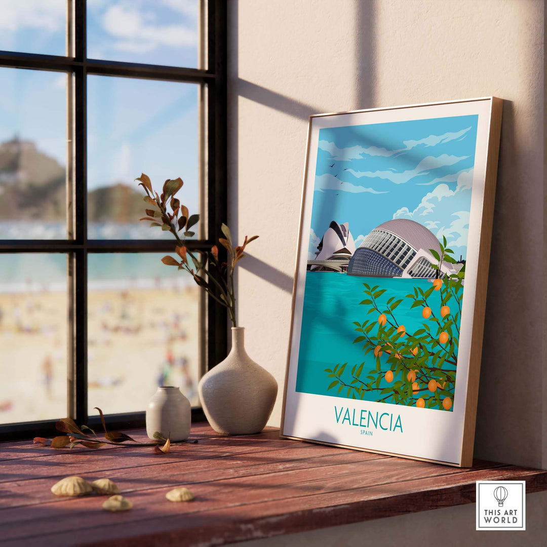 Valencia poster print featuring the city's architecture and vibrant colors in a stylish interior setting.