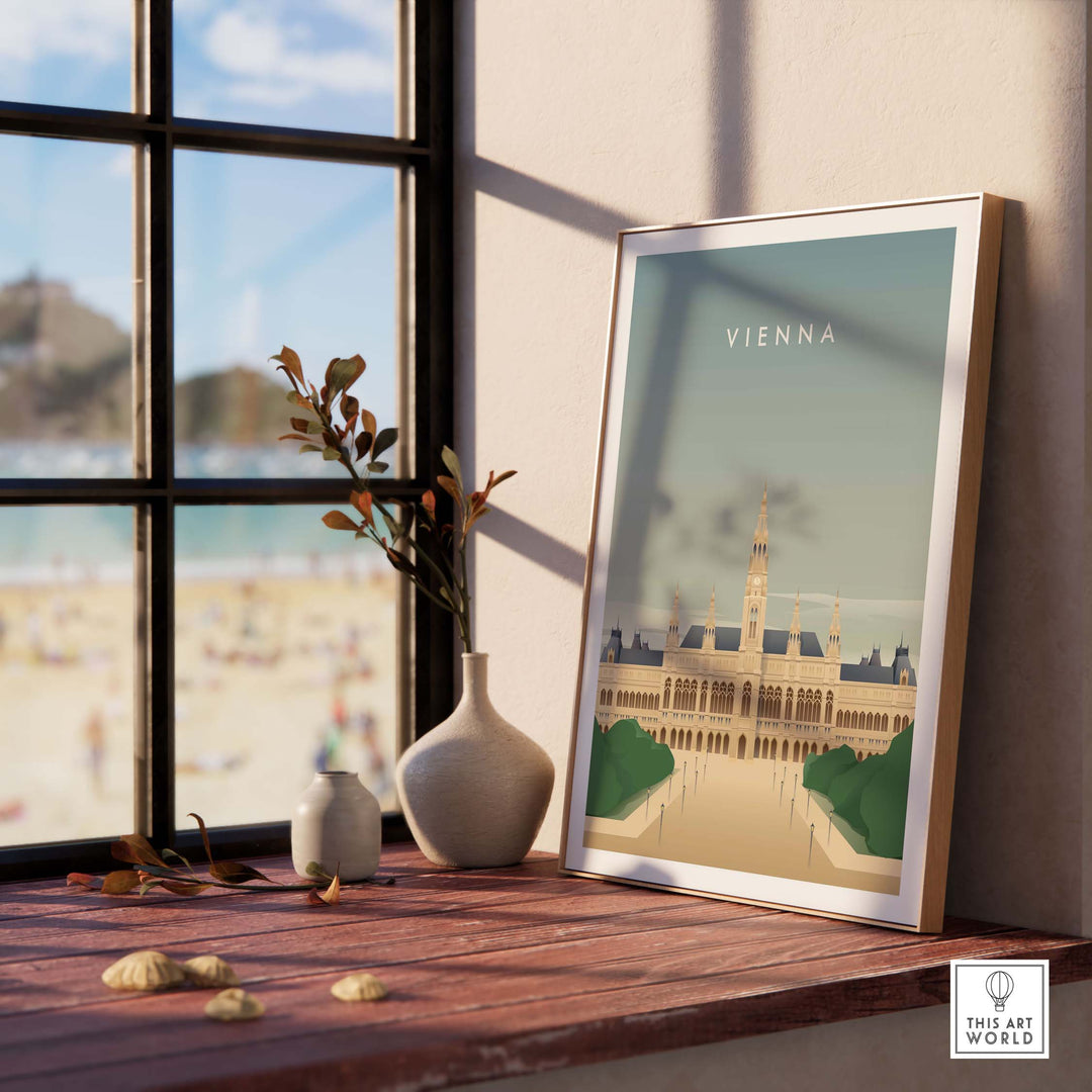 Vienna Wall Art Poster displayed on a wooden table with plants and a beach view in the background, offering travel inspiration.