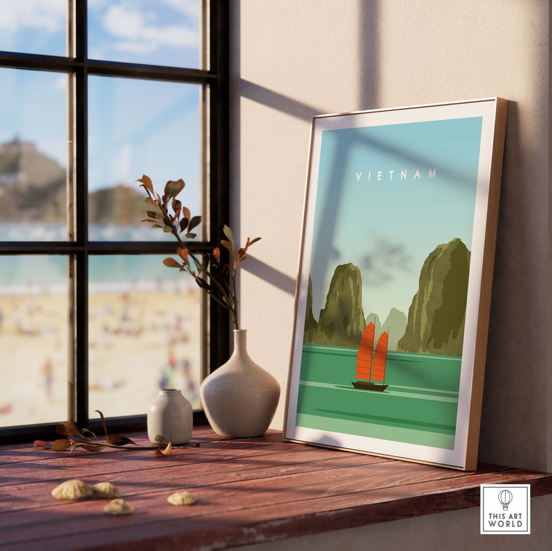 Vietnam travel poster print showcasing traditional red sailboats in a minimalist style by the beach.