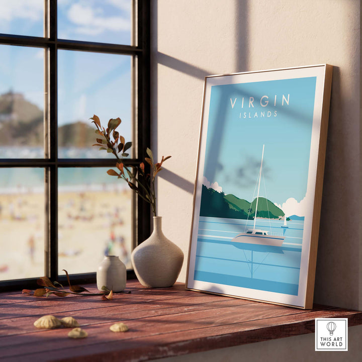 Framed Virgin Islands travel poster print showcasing sailboat and beach scene in minimalist design.