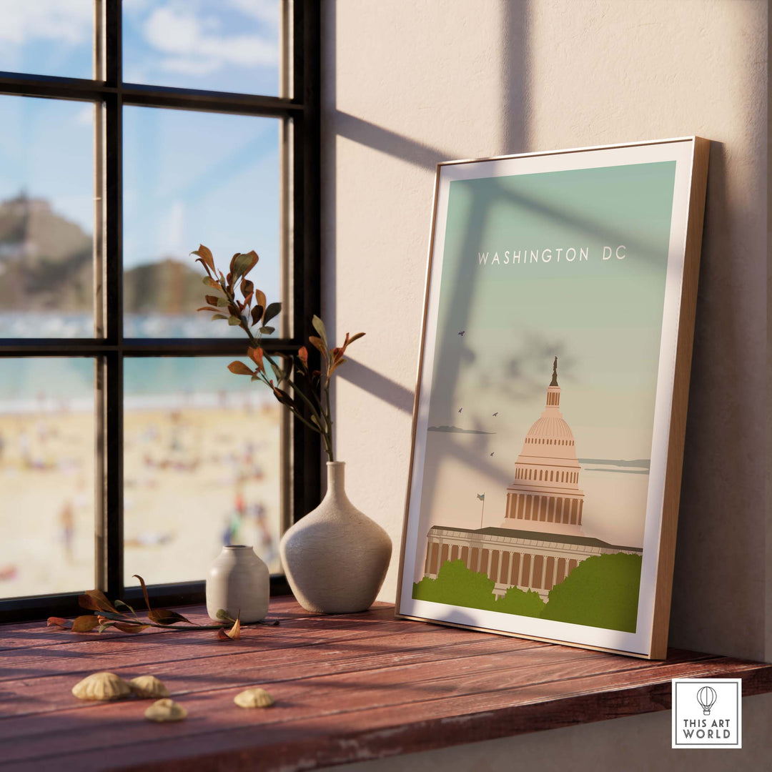 Washington DC Poster Print showcasing the Capitol building, perfect for home or office decor, vintage travel art.