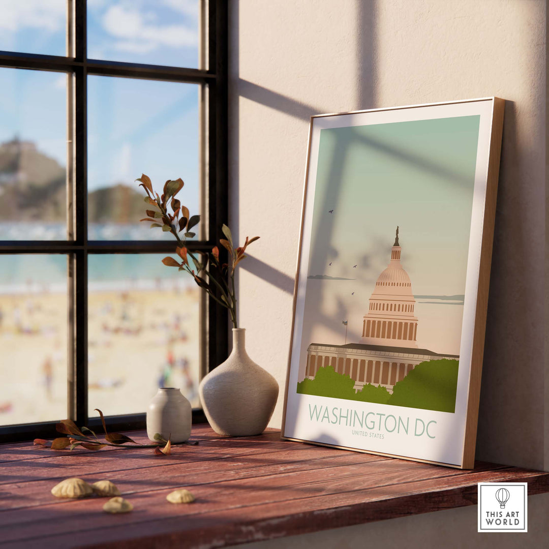 Washington DC Wall Art Print featuring the Capitol Building in a stylish home decor setting.
