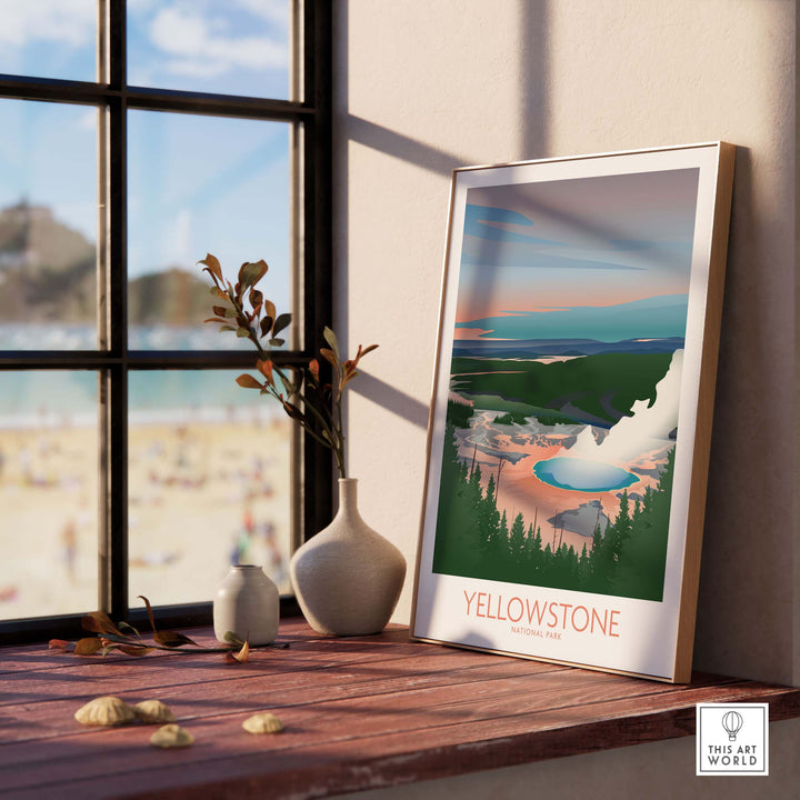 Framed Yellowstone National Park art print showcasing nature and scenic landscapes in a stylish interior setting.