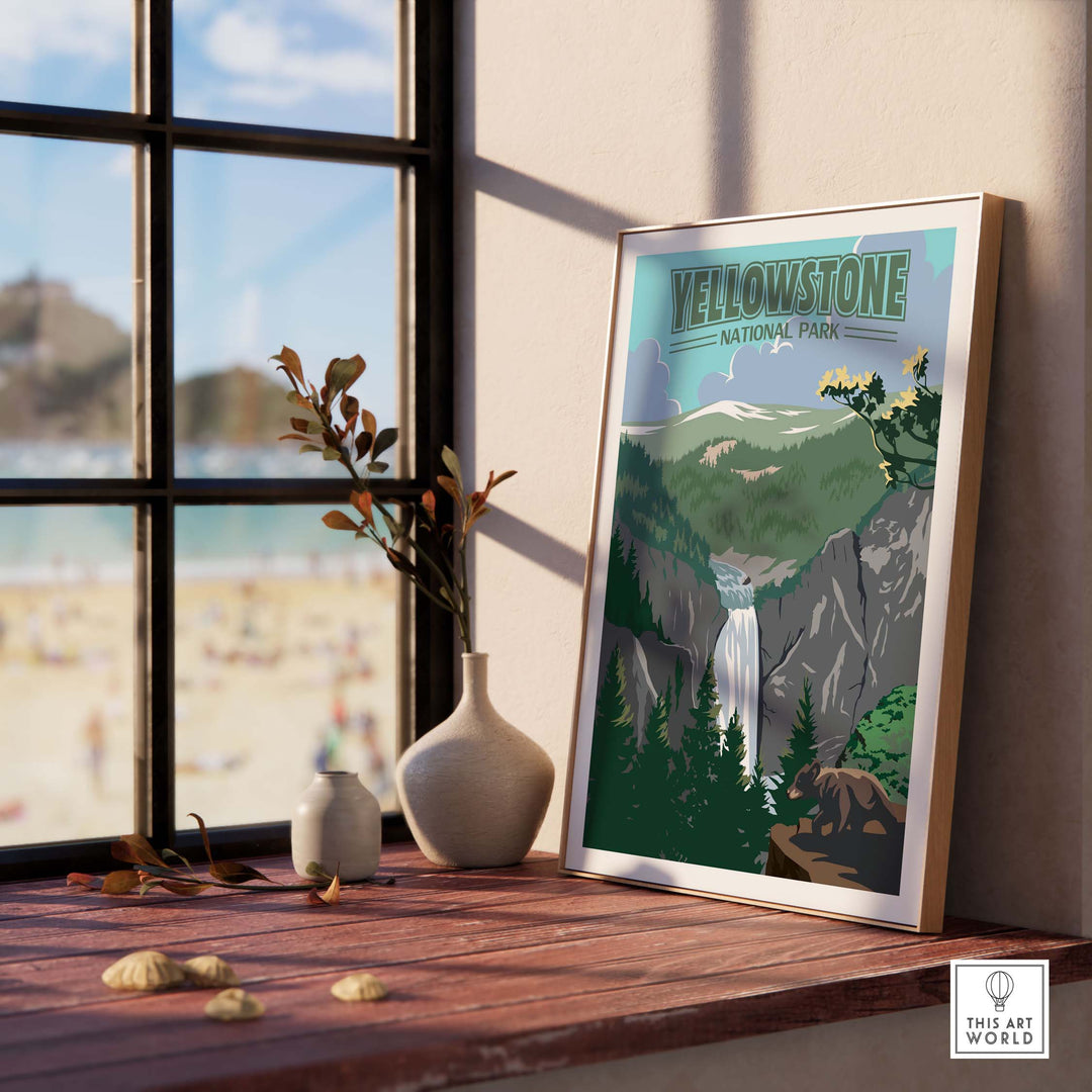Framed Yellowstone National Park print showcasing nature, waterfalls, and vintage travel art in a bright, sunny setting.