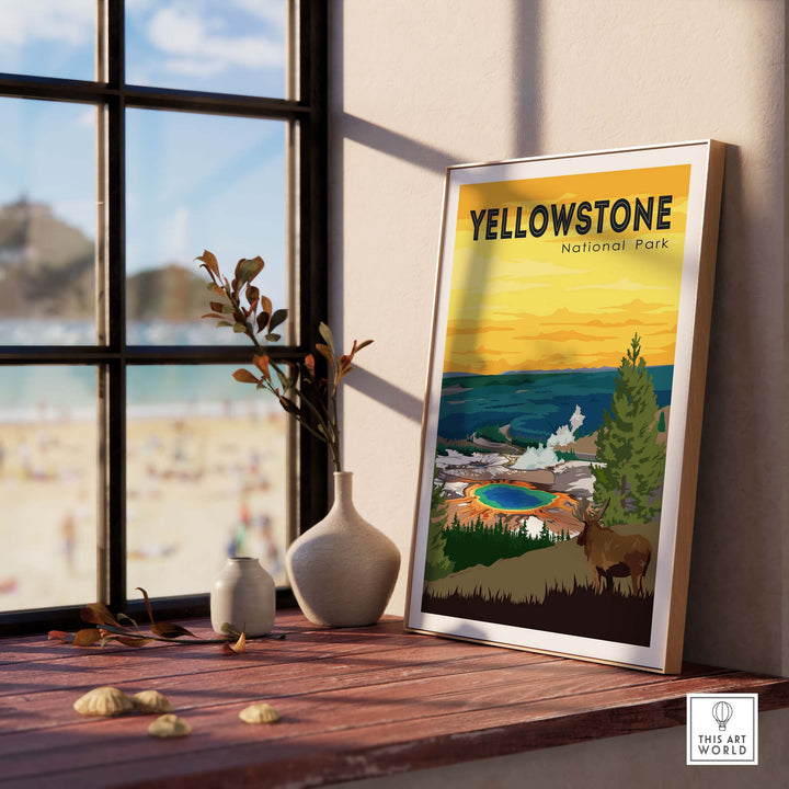Framed Yellowstone National Park poster featuring scenic views and vintage design, perfect for home decor.