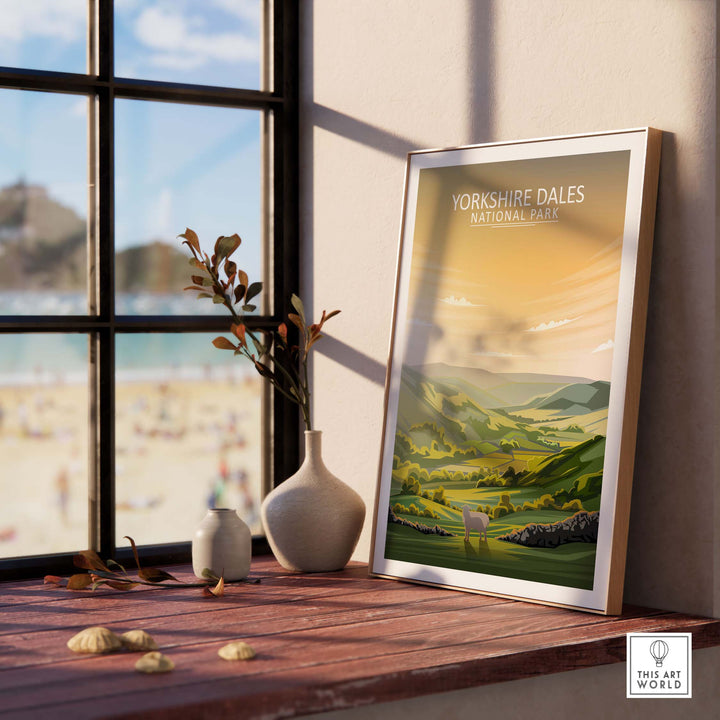 Yorkshire Dales National Park poster displayed in a stylish interior near a window with nature views.