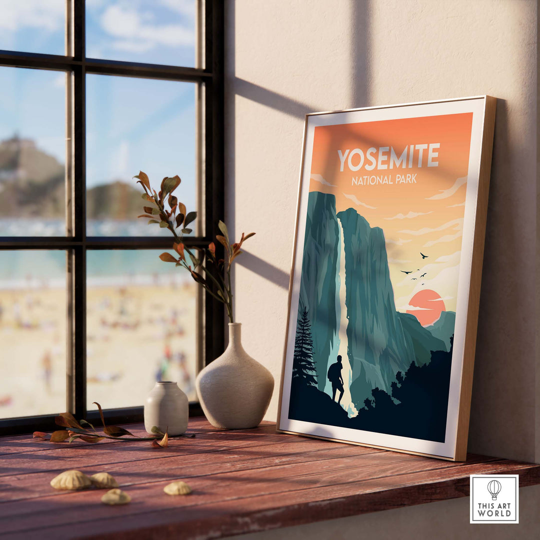 Framed Yosemite National Park poster on a table, showcasing minimalist art and nature-inspired design, perfect for home decor.