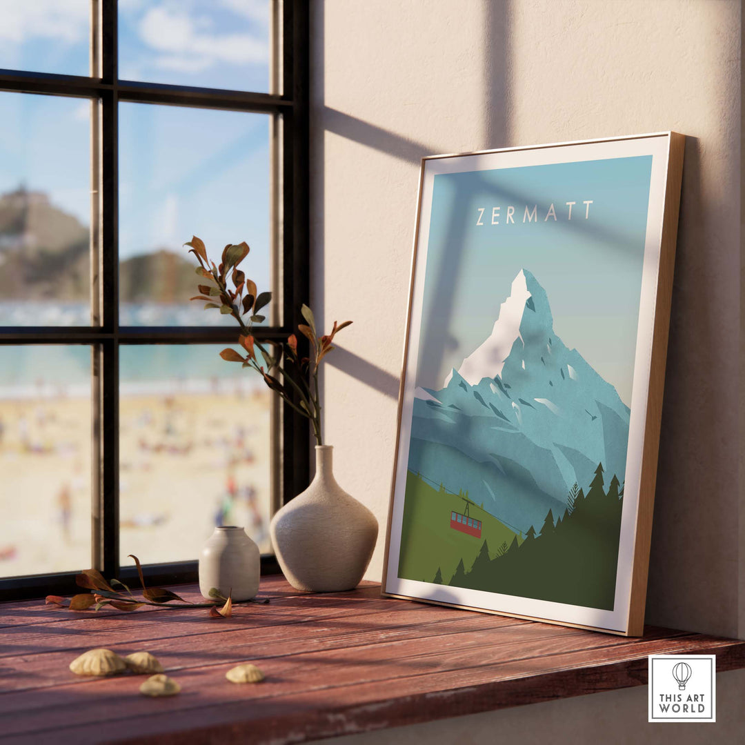 Zermatt Print Wall Art Poster displayed indoors with a scenic mountain view, ideal for home decor.