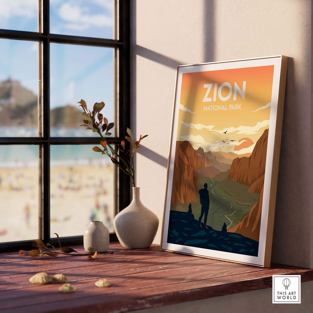 Zion National Park poster displayed indoors, showcasing colorful minimalist design and nature-inspired artwork.