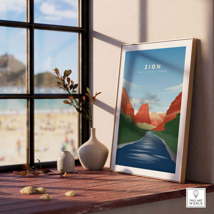 Zion National Park art print featuring vibrant mountains and Virgin River, displayed in a stylish home setting.