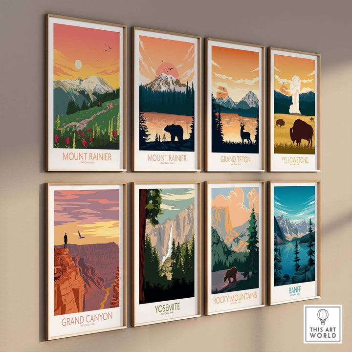 Collection of vintage National Park posters including Mount Rainier, Grand Canyon, Yosemite, and Rocky Mountains.