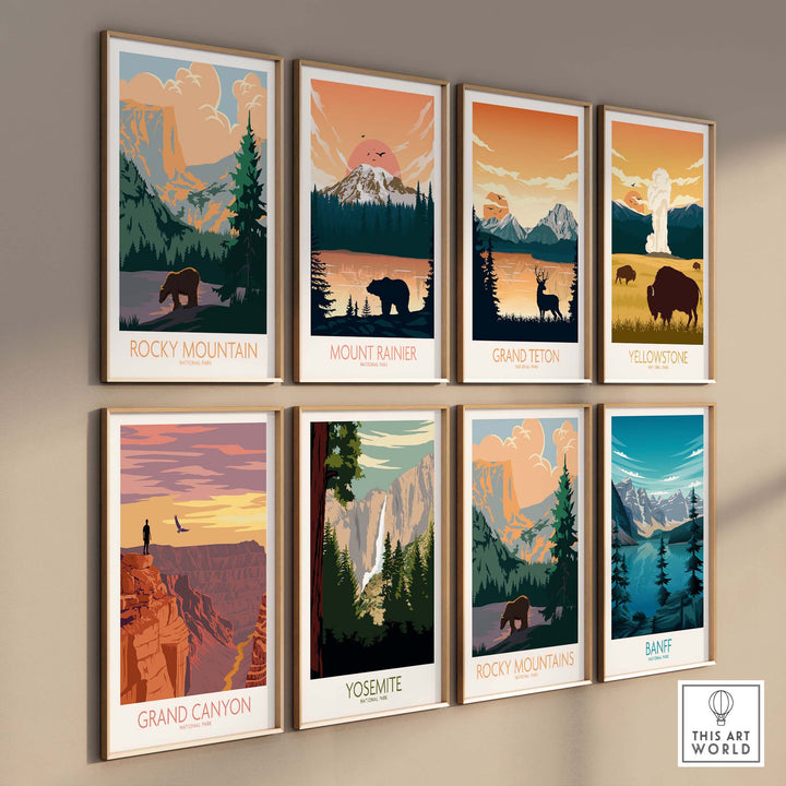 Collection of vintage-inspired National Park posters including Rocky Mountain, Grand Canyon, and Banff.