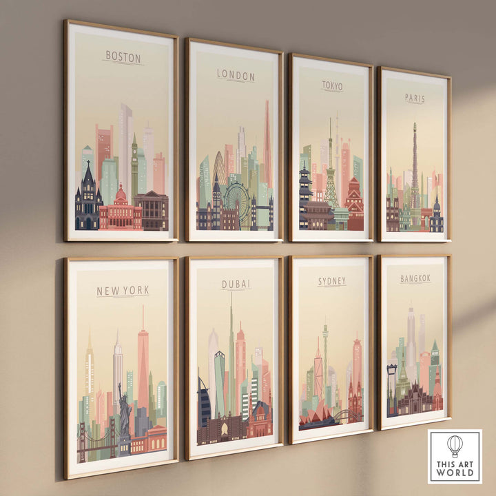 Framed city skyline posters showcasing Boston, London, Tokyo, Paris, New York, Dubai, Sydney, and Bangkok in pastel tones.