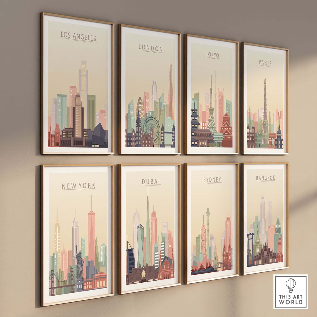 Gallery of city skyline posters including Los Angeles, London, Tokyo, and more in pastel tones, beautifully framed on wall.