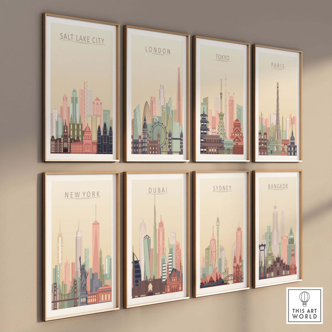 Colorful city skyline wall art featuring Salt Lake City, London, Tokyo, Paris, New York, Dubai, Sydney, and Bangkok.