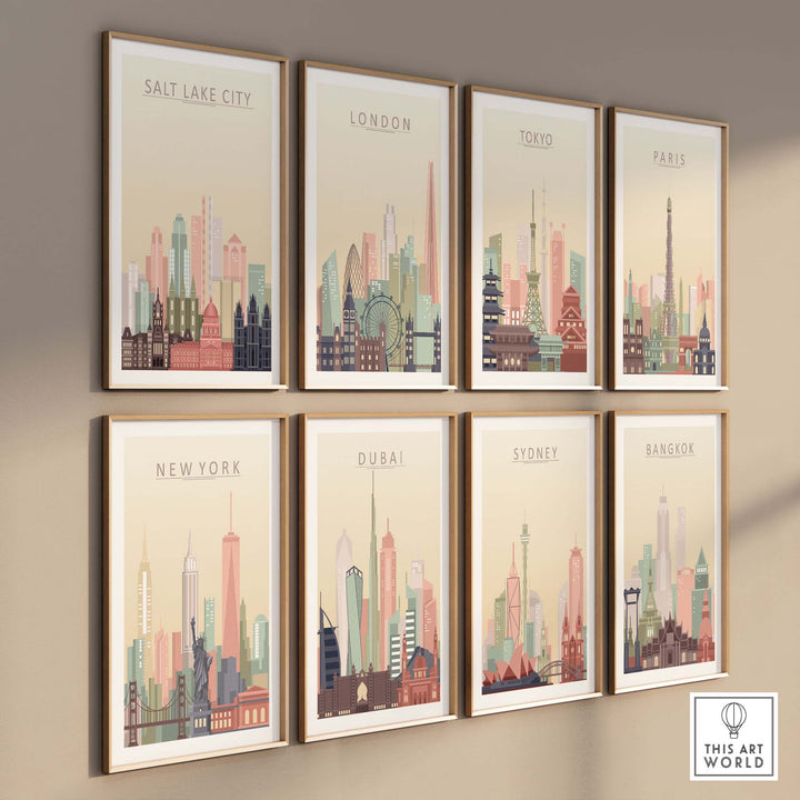 Colorful city skyline wall art featuring Salt Lake City, London, Tokyo, Paris, New York, Dubai, Sydney, and Bangkok.