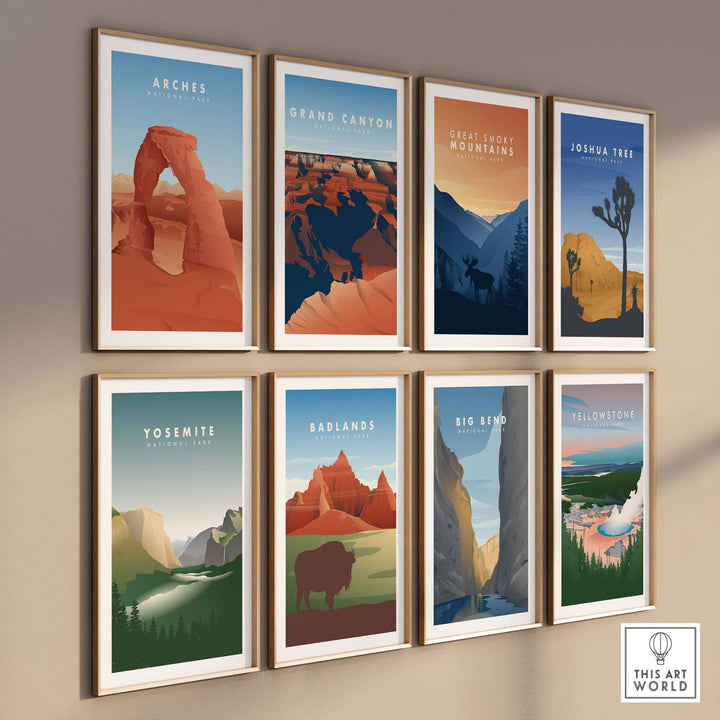 Framed travel posters of iconic U.S. national parks including Badlands, Yosemite, and Grand Canyon, showcasing vintage art style.