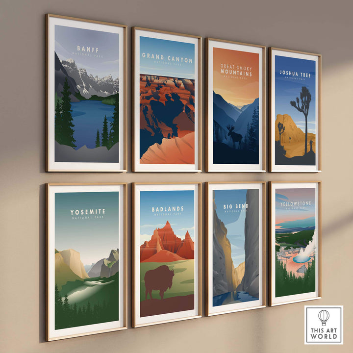 Collection of vintage-style travel posters featuring Banff, Grand Canyon, Yosemite, and more national parks.