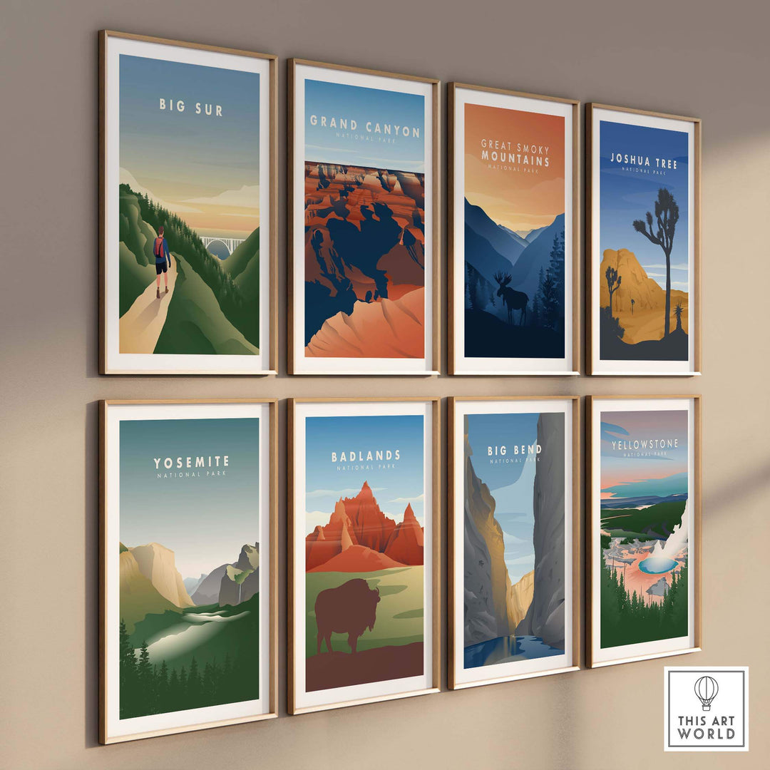 Collection of vintage-inspired national park art prints displayed on a wall, featuring landscapes like Big Sur and Grand Canyon.