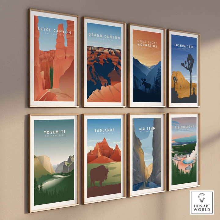 Framed vintage travel posters of national parks including Bryce Canyon, Yosemite, and Badlands.