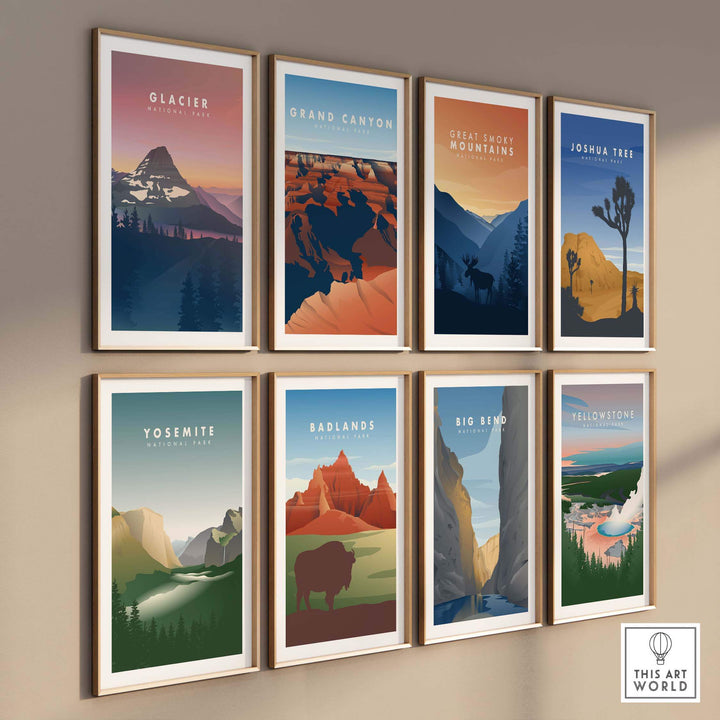 Gallery of vintage travel posters showcasing Glacier National Park and other national parks for home decor.
