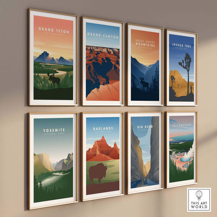 A collection of vintage-style travel posters featuring iconic U.S. national parks, displayed in stylish frames on a wall.