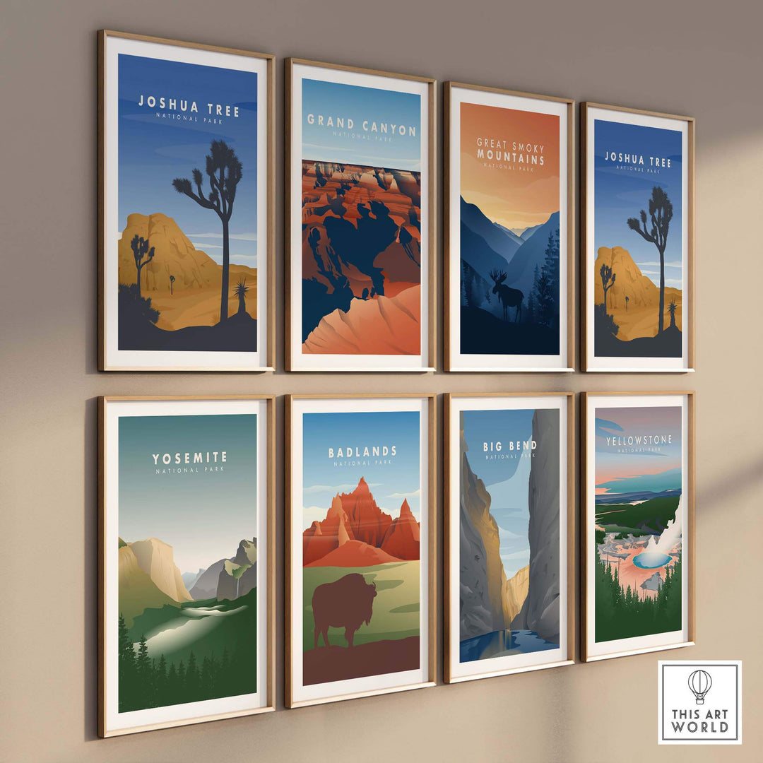 Gallery wall of vintage-style travel posters featuring national parks like Joshua Tree and Great Smoky Mountains.