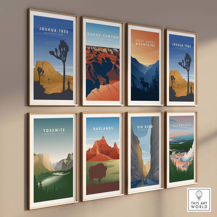 Gallery wall of vintage-style travel posters featuring national parks like Joshua Tree and Great Smoky Mountains.