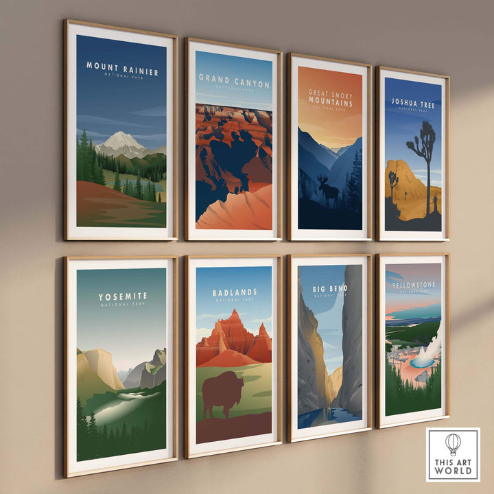 Gallery of vintage travel posters featuring Joshua Tree and other national parks like Yosemite and Grand Canyon.