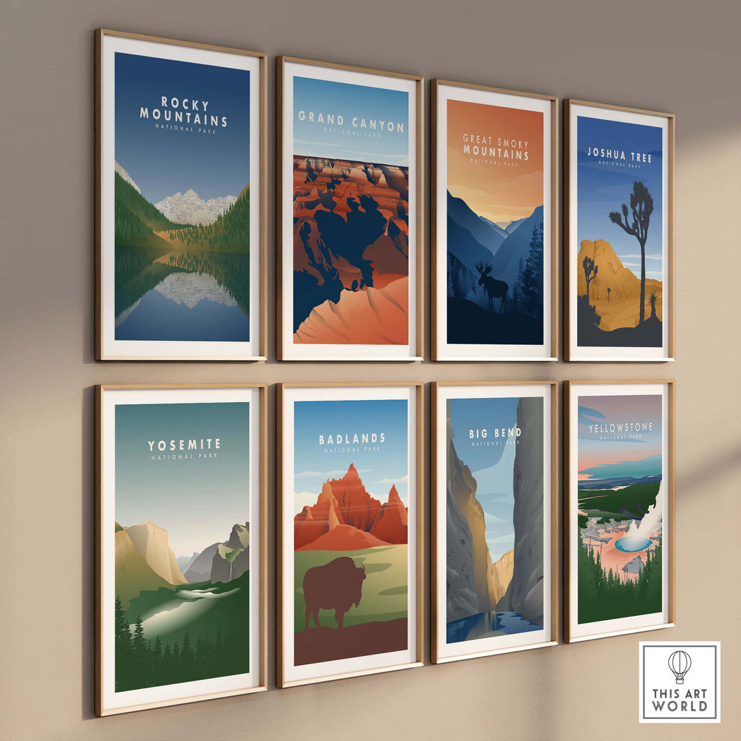 Gallery of minimalist travel posters featuring Rocky Mountains, Grand Canyon, and other national parks.