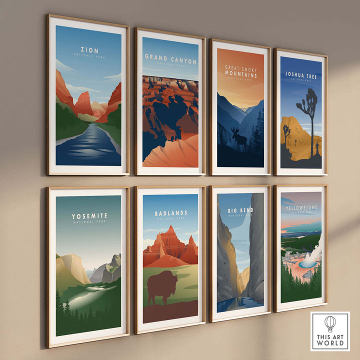 Vintage travel poster art featuring national parks including Yosemite, Grand Canyon, and Yellowstone, displayed in stylish frames.