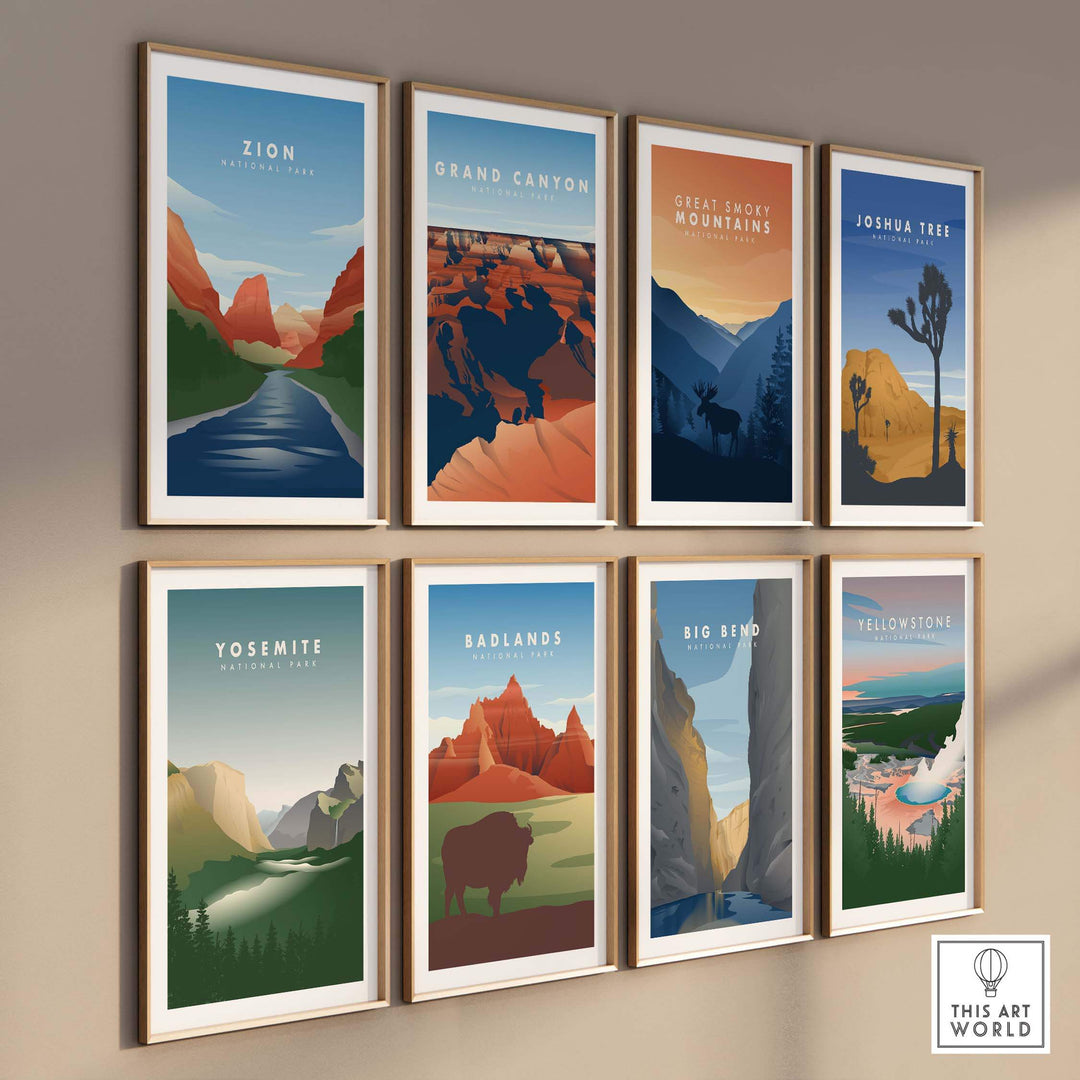 Framed vintage travel posters featuring Zion, Grand Canyon, Yosemite, and more national parks in stylish arrangement.
