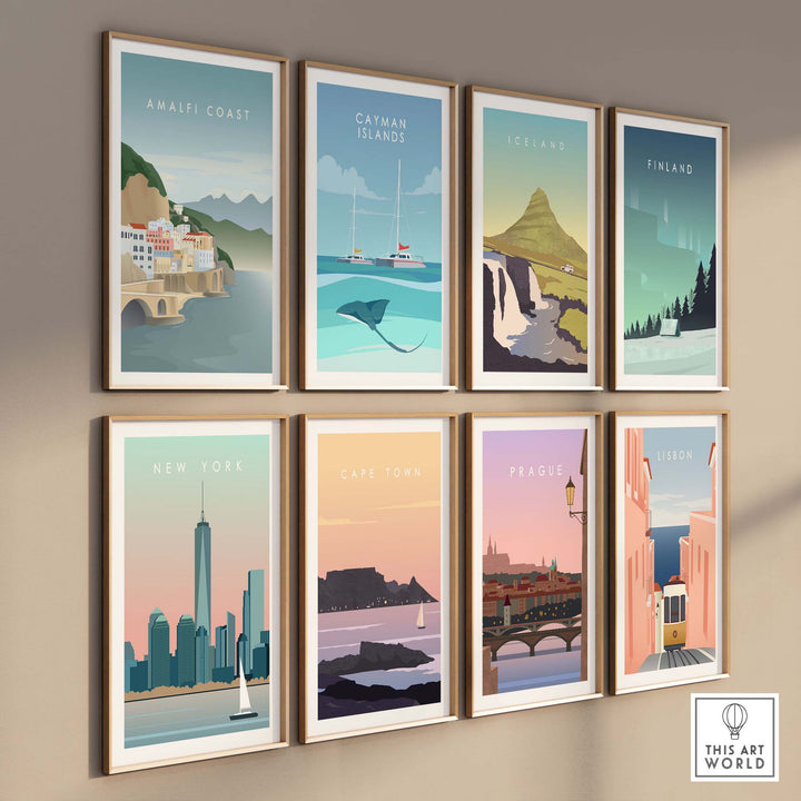 Set of minimalist travel posters including Amalfi Coast, Catman Islands, and New York, displayed in stylish frames.