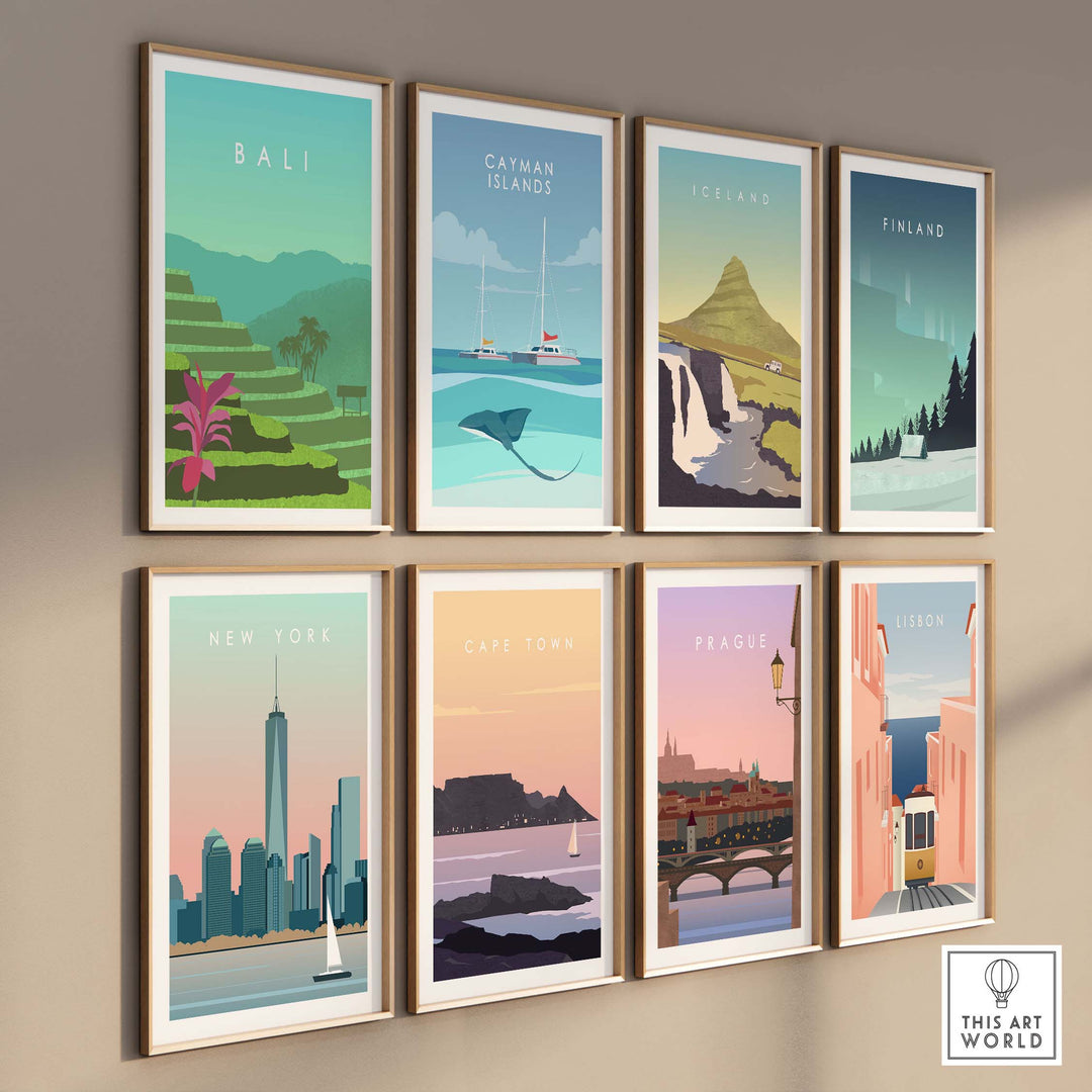 Collage of vintage travel posters including Bali, Catman Islands, Iceland, and more for wall art decor.