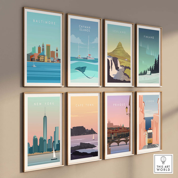 Gallery of vintage travel posters featuring Baltimore, New York, Cape Town, Prague, and more, displayed artistically.