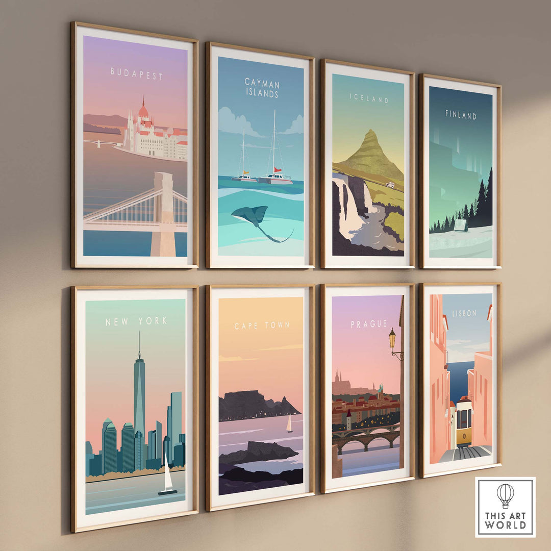 Gallery of vintage travel posters including Budapest, New York, and Prague on a modern wall.