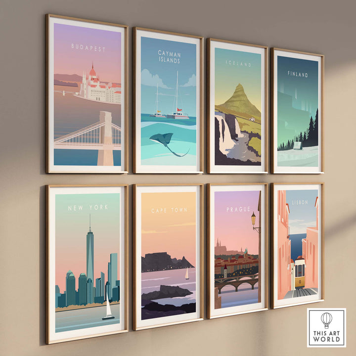 Gallery of vintage travel posters including Budapest, New York, and Prague on a modern wall.