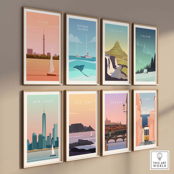 Gallery of vintage travel posters showcasing Cairo and other destinations, framed art for stylish home decor.