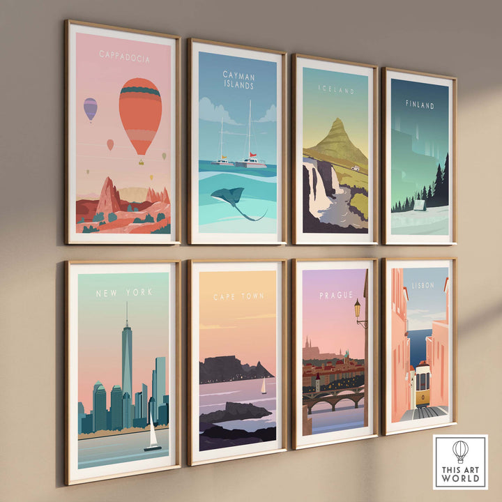 Framed travel art posters featuring Cappadocia, New York, Iceland, and more, showcasing vintage design and wanderlust.