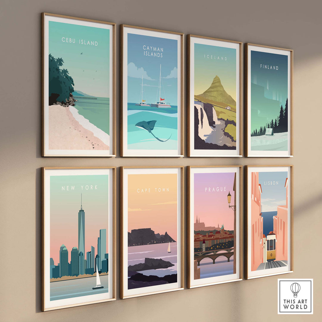 Cebu Island Philippines vintage travel print poster collection displayed on a stylish wall.