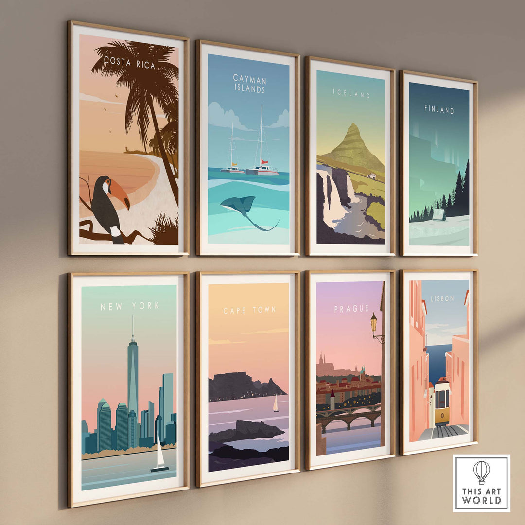 Costa Rica print wall art poster among other vintage-inspired travel posters on a stylish wall display.